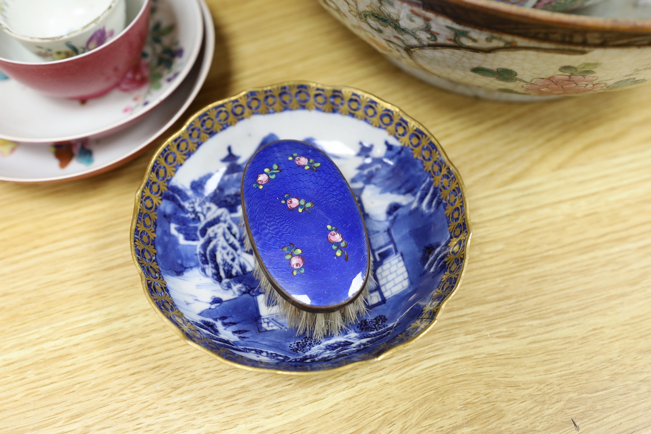 A group of Chinese porcelain, an enamel brush and two Victorian tureens and covers, a teapot etc